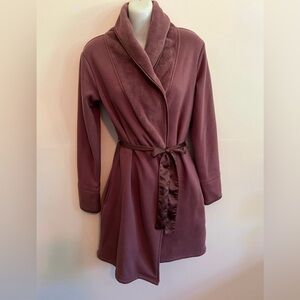 Womens Plum Fleece Robe Small Short Bathrobe Shawl Collar Satin Belt Cozy Lounge